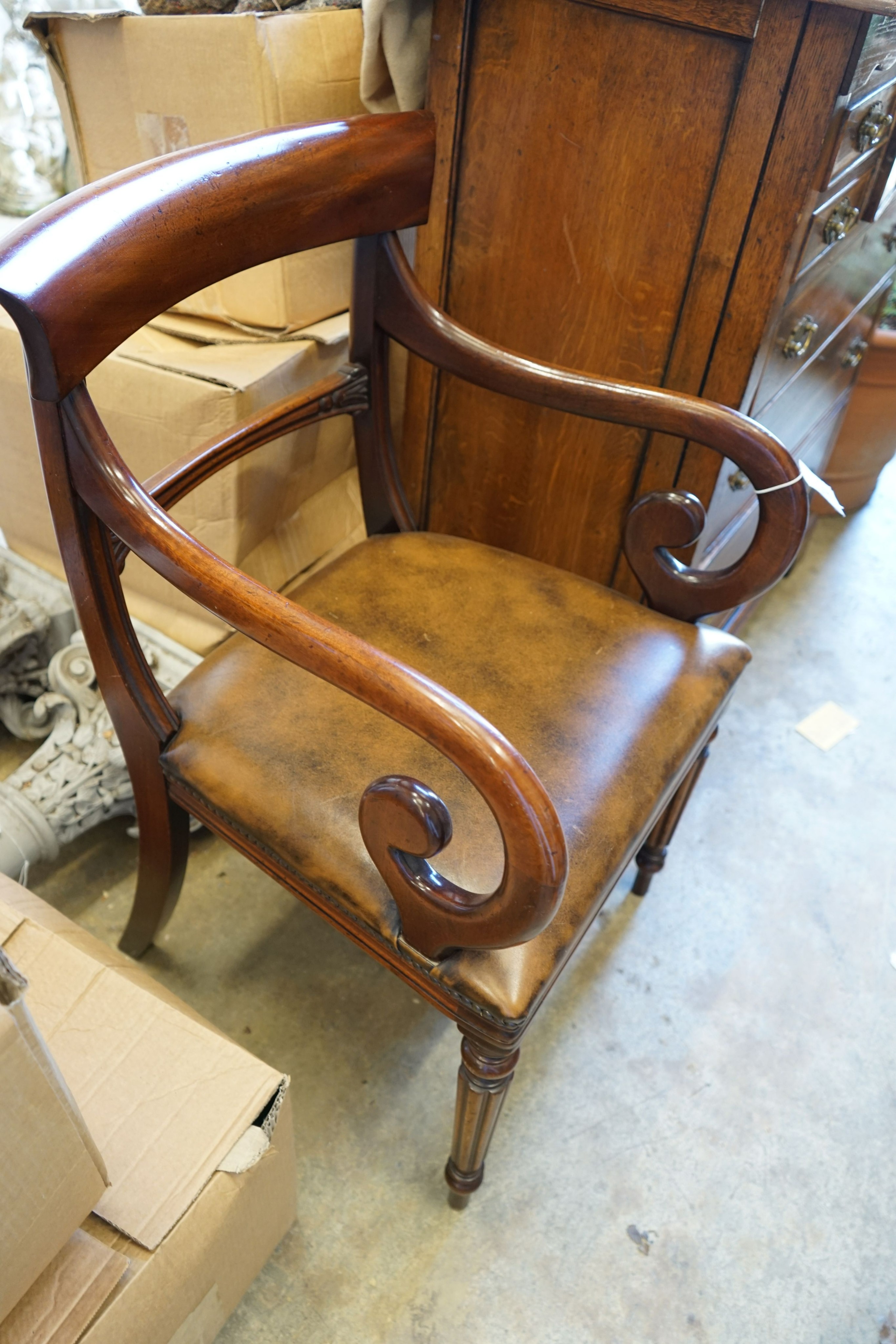 A Regency design mahogany elbow chair, width 54cm, depth 46cm, height 89cm